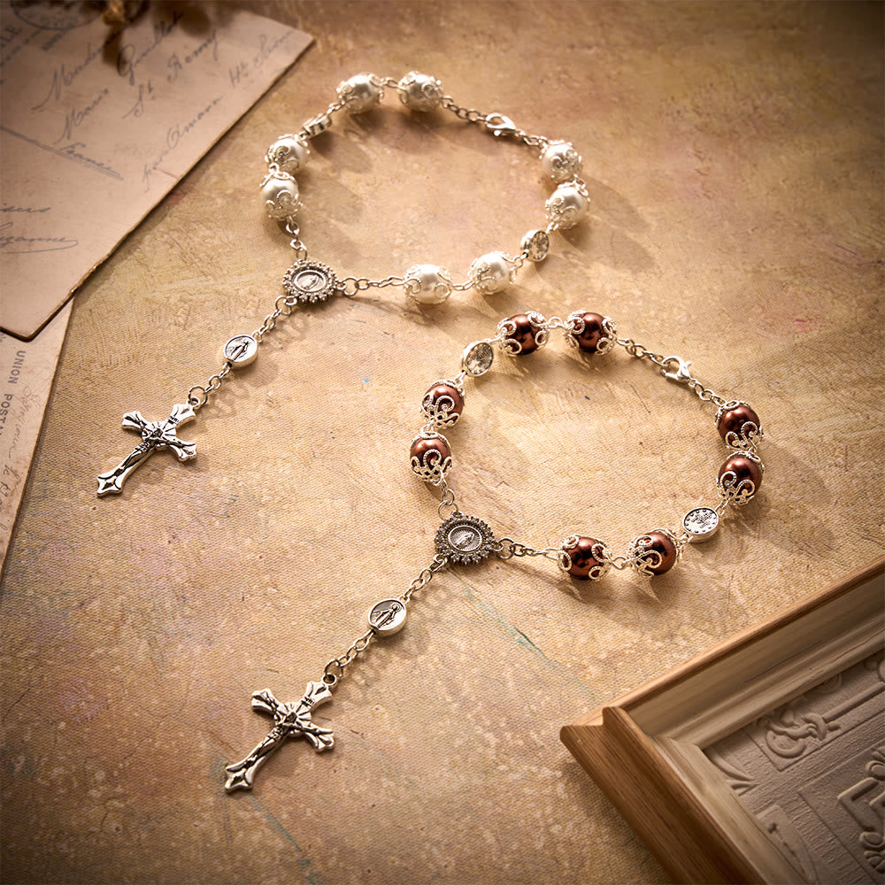 SolaceBeads Handcrafted Car Rosary, White & Reddish Brown Pearl Beads with Medal & Cross: Serene Vibe - image 0