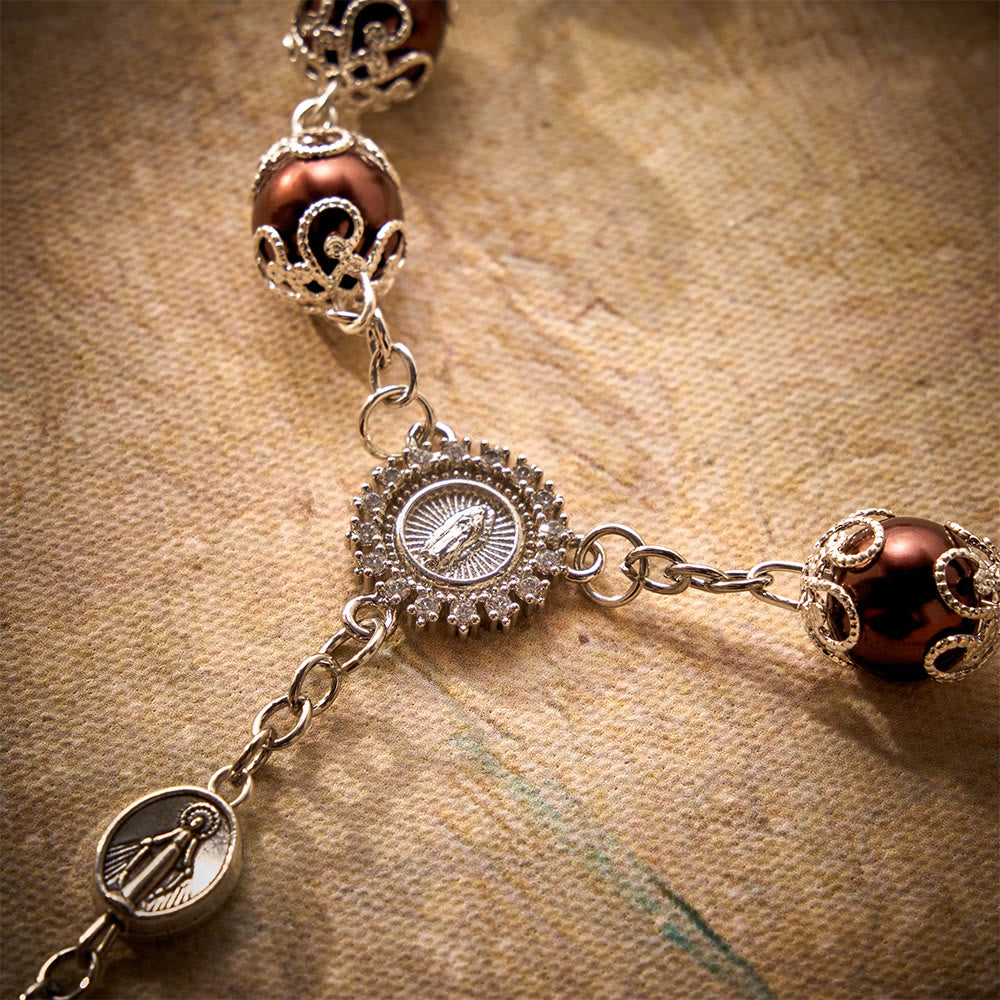 SolaceBeads Handcrafted Car Rosary, White &amp; Reddish Brown Pearl Beads with Medal &amp; Cross: Serene Vibe - image 10