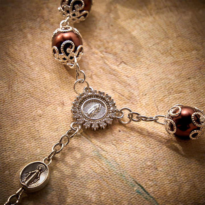SolaceBeads Handcrafted Car Rosary, White &amp; Reddish Brown Pearl Beads with Medal &amp; Cross: Serene Vibe - image 10