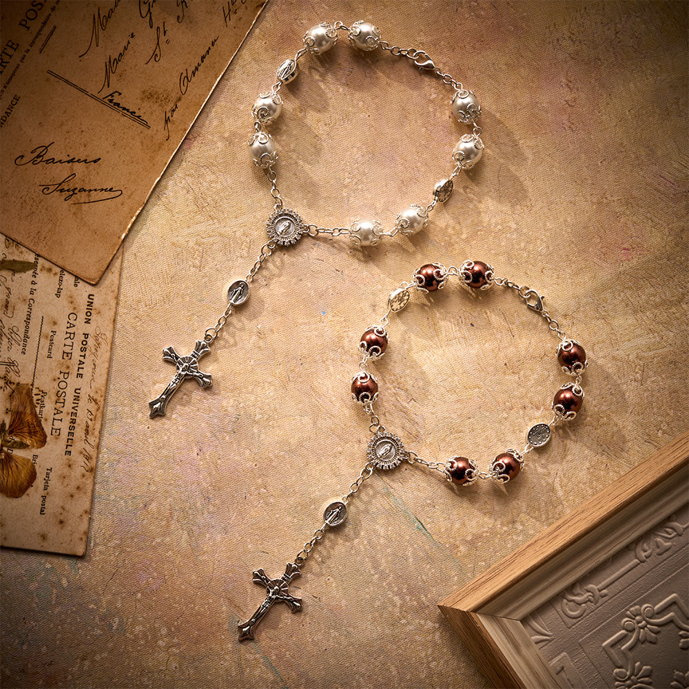 SolaceBeads Handcrafted Car Rosary, White &amp; Reddish Brown Pearl Beads with Medal &amp; Cross: Serene Vibe - image 15
