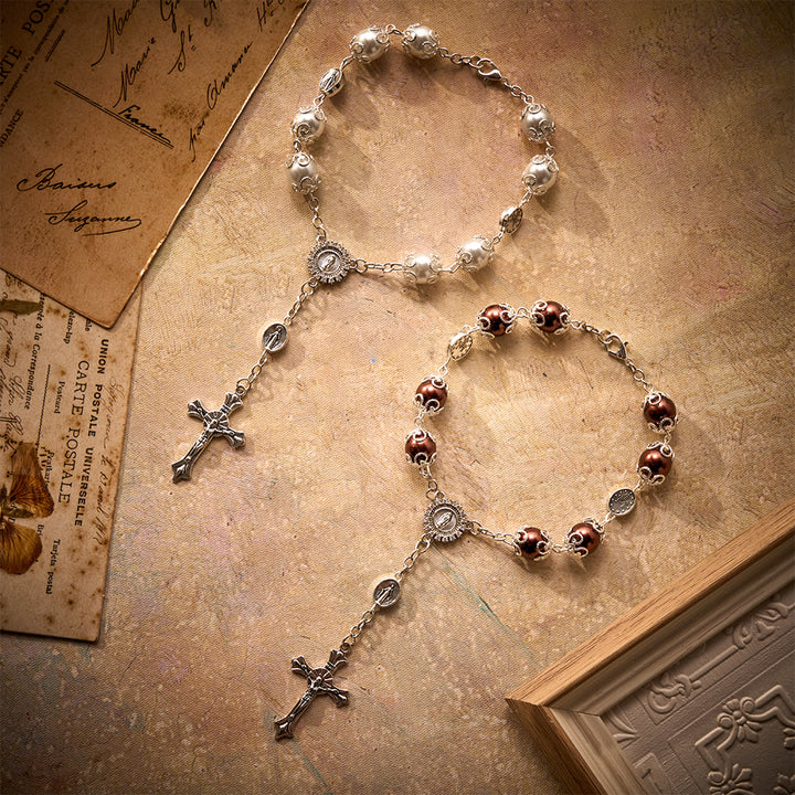 SolaceBeads Handcrafted Car Rosary, White &amp; Reddish Brown Pearl Beads with Medal &amp; Cross: Serene Vibe - image 15