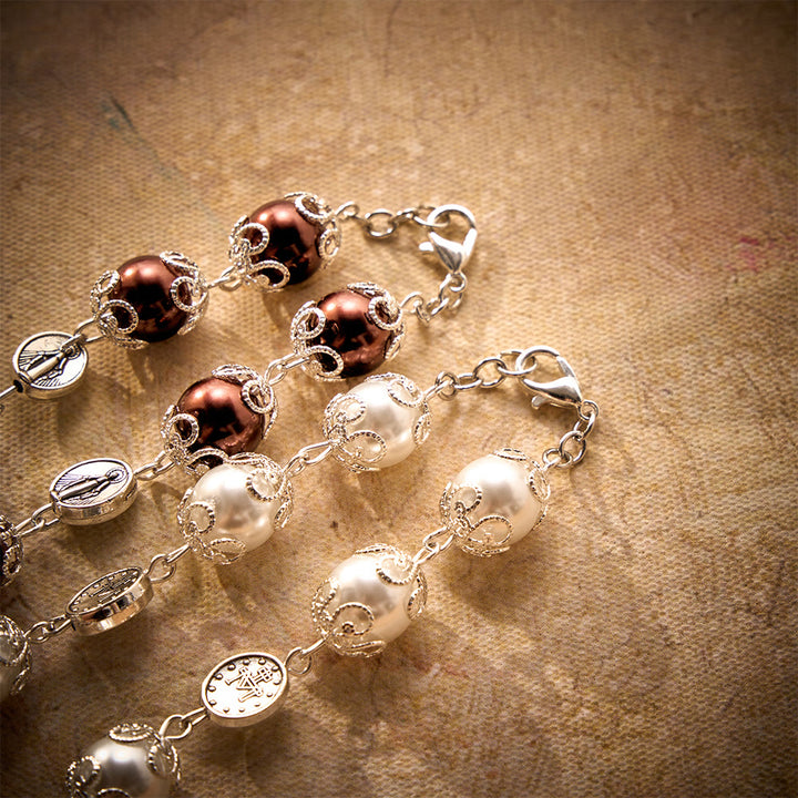 SolaceBeads Handcrafted Car Rosary, White &amp; Reddish Brown Pearl Beads with Medal &amp; Cross: Serene Vibe - image 13