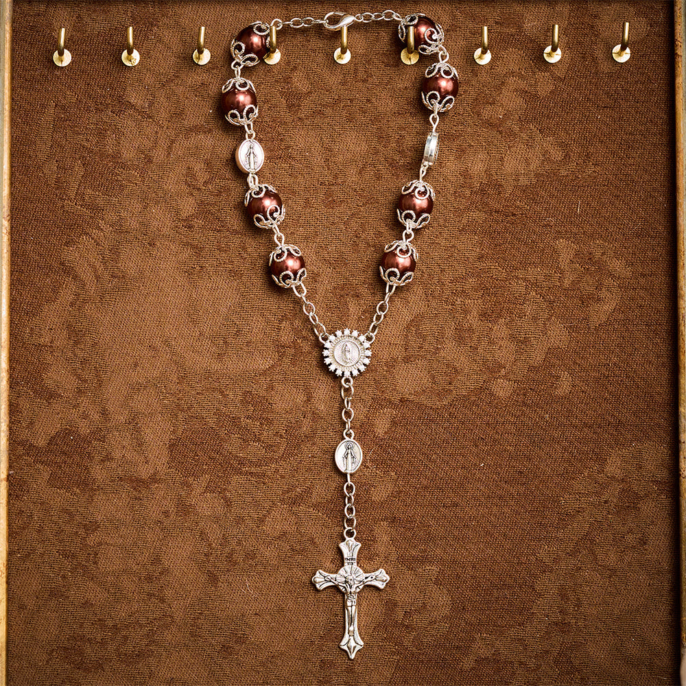 SolaceBeads Handcrafted Car Rosary, White &amp; Reddish Brown Pearl Beads with Medal &amp; Cross: Serene Vibe - image 12