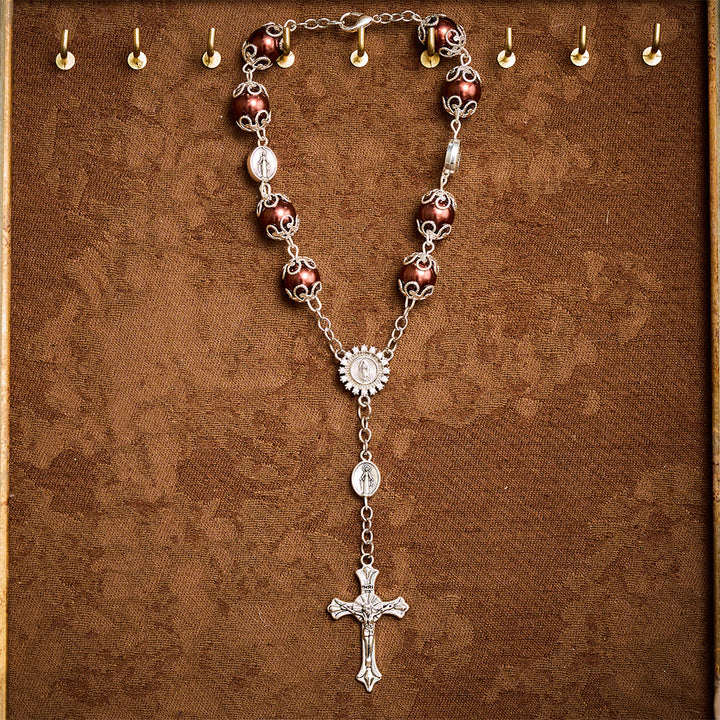 SolaceBeads Handcrafted Car Rosary, White &amp; Reddish Brown Pearl Beads with Medal &amp; Cross: Serene Vibe - image 12