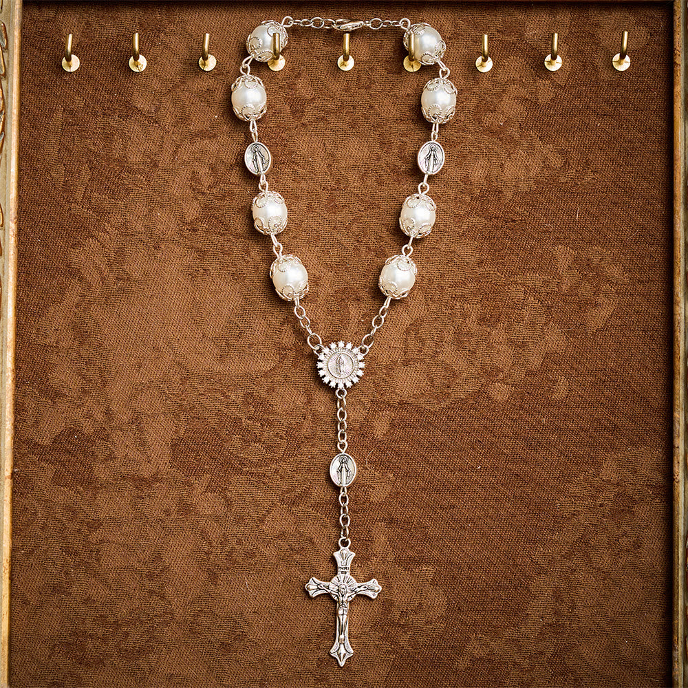 SolaceBeads Handcrafted Car Rosary, White &amp; Reddish Brown Pearl Beads with Medal &amp; Cross: Serene Vibe - image 6