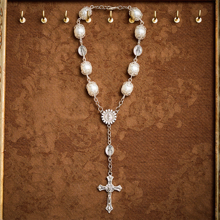 SolaceBeads Handcrafted Car Rosary, White &amp; Reddish Brown Pearl Beads with Medal &amp; Cross: Serene Vibe - image 6