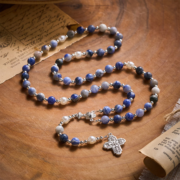 Solacebeads Blue Sodalite Stone Rosary: Inspired By Faith With Silver Chalice &amp; Four Gospels Cross - image 10