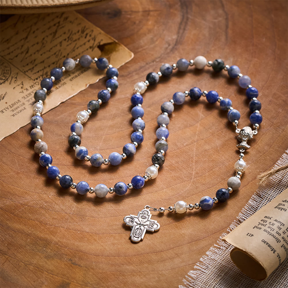 SolaceBeads Blue Sodalite Stone Rosary: Inspired by Faith with Silver Chalice &amp; Four Gospels Cross - image 9