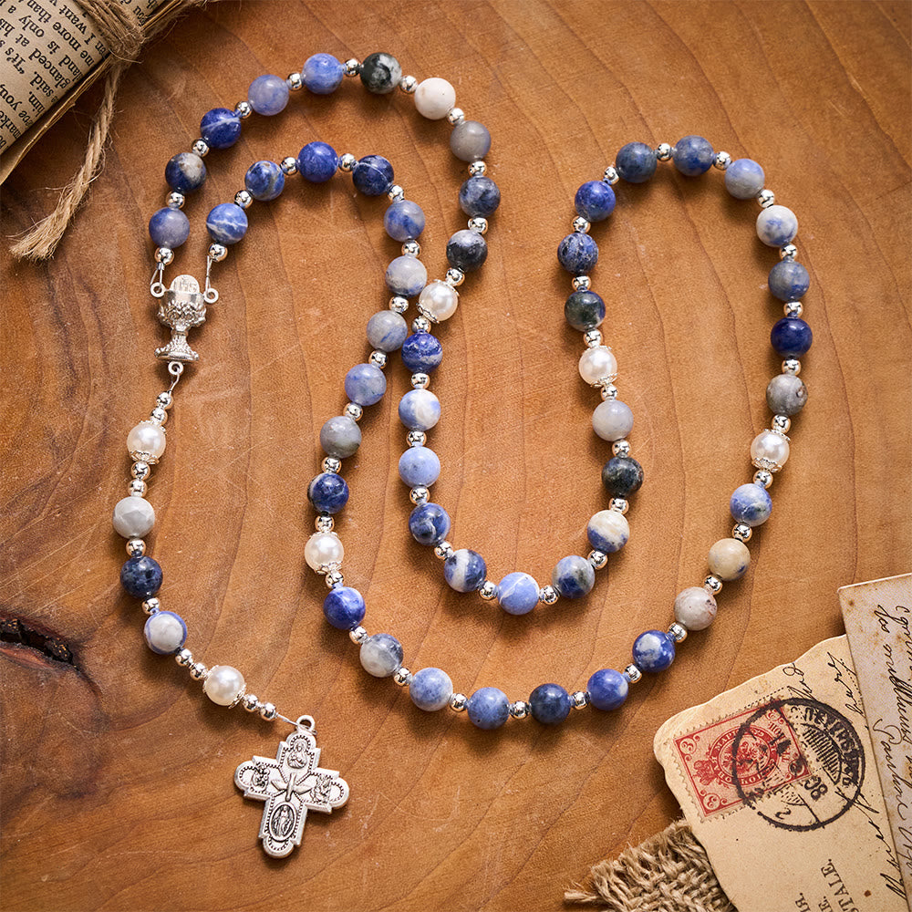 Solacebeads Blue Sodalite Stone Rosary: Inspired By Faith With Silver Chalice &amp; Four Gospels Cross - image 8