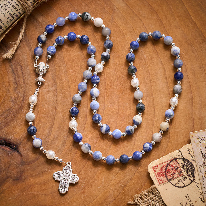Solacebeads Blue Sodalite Stone Rosary: Inspired By Faith With Silver Chalice &amp; Four Gospels Cross - image 8