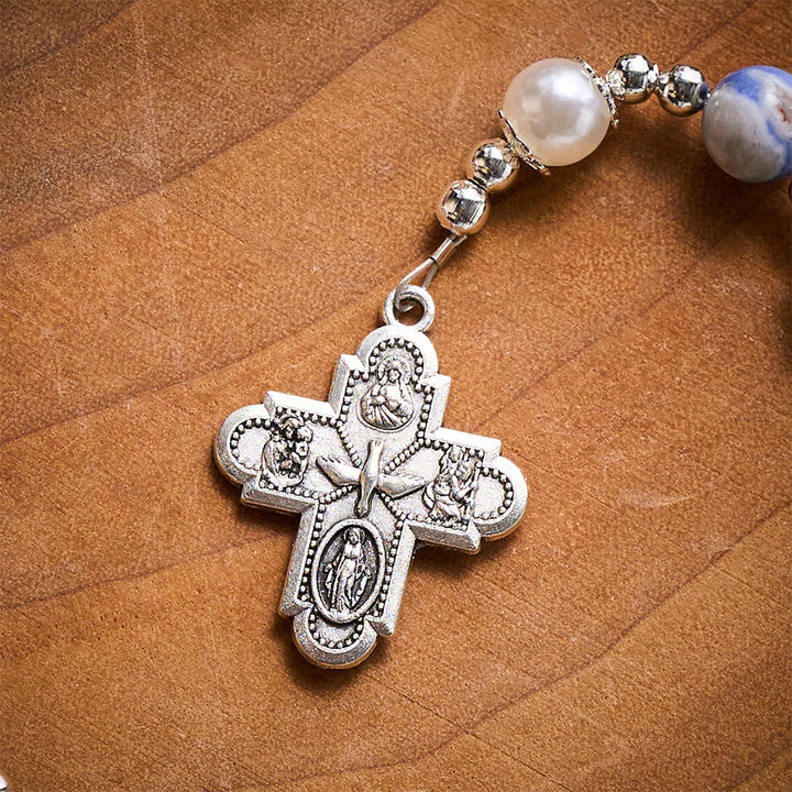 Solacebeads Blue Sodalite Stone Rosary: Inspired By Faith With Silver Chalice &amp; Four Gospels Cross - image 4