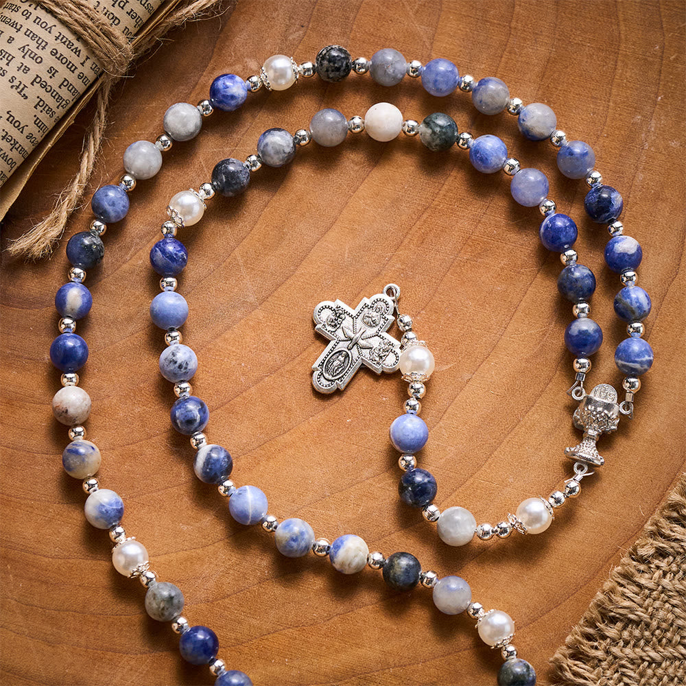 Solacebeads Blue Sodalite Stone Rosary: Inspired By Faith With Silver Chalice &amp; Four Gospels Cross - image 7