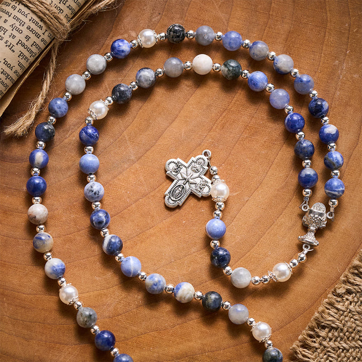 Solacebeads Blue Sodalite Stone Rosary: Inspired By Faith With Silver Chalice &amp; Four Gospels Cross - image 7