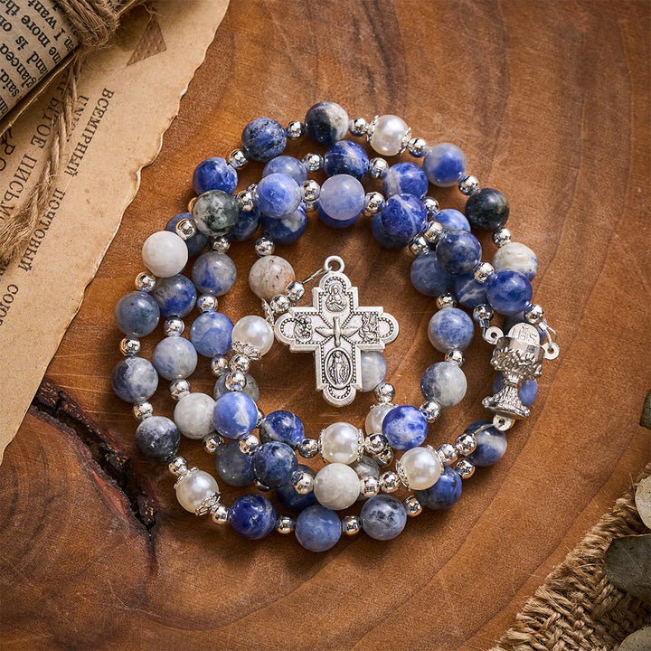 SolaceBeads Blue Sodalite Stone Rosary: Inspired by Faith with Silver Chalice &amp; Four Gospels Cross - image 6