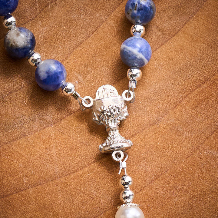 Solacebeads Blue Sodalite Stone Rosary: Inspired By Faith With Silver Chalice &amp; Four Gospels Cross - image 3