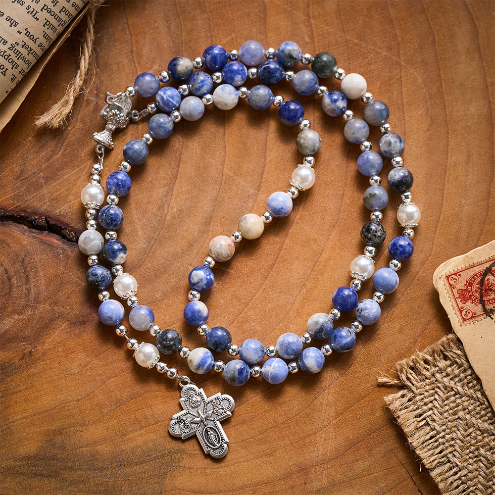 Solacebeads Blue Sodalite Stone Rosary: Inspired By Faith With Silver Chalice & Four Gospels Cross - Blue Sodalite Stone - image 0