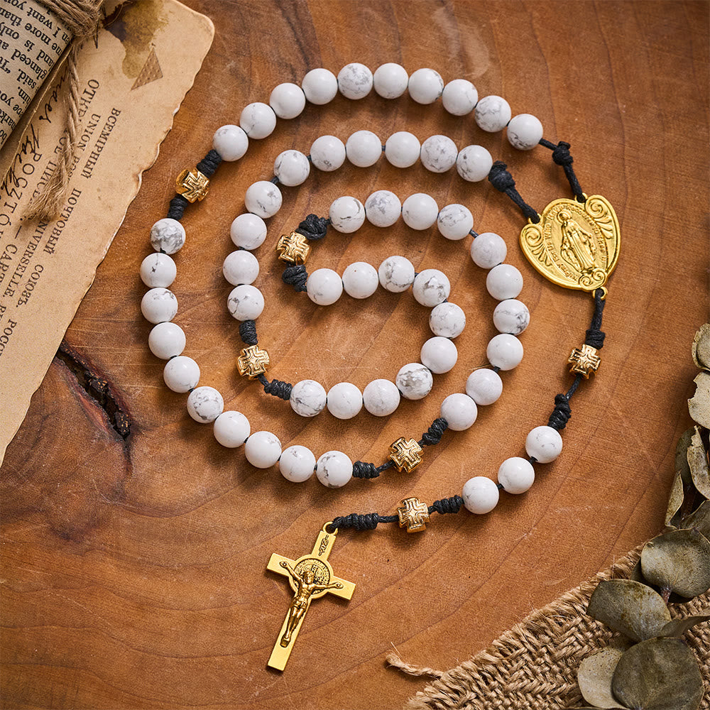 Solacebeads The White Turquoise Rosary: Rooted In Purity With Gold Cross Nodes & Miraculous Medal - White Turquoise Stone - image 0