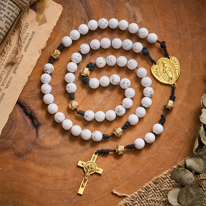 Solacebeads The White Turquoise Rosary: Rooted In Purity With Gold Cross Nodes &amp; Miraculous Medal - White Turquoise Stone - image 0