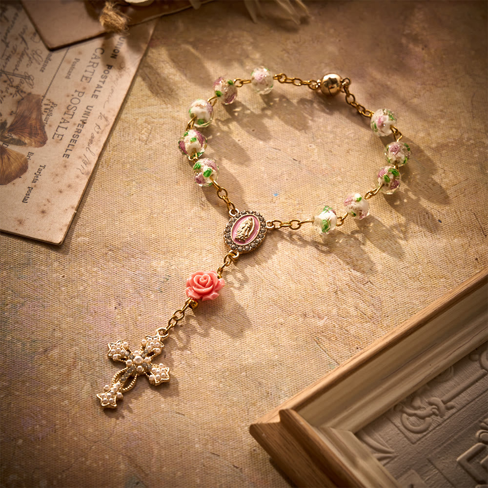 SolaceBeads Floral Lampwork Car Rosary With Rose &amp; Magnetic Clasp: Romantic Grace - image 9