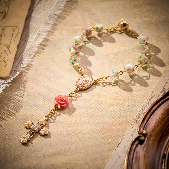 SolaceBeads Floral Lampwork Car Rosary With Rose &amp; Magnetic Clasp: Romantic Grace - Lampwork Beads - image 0