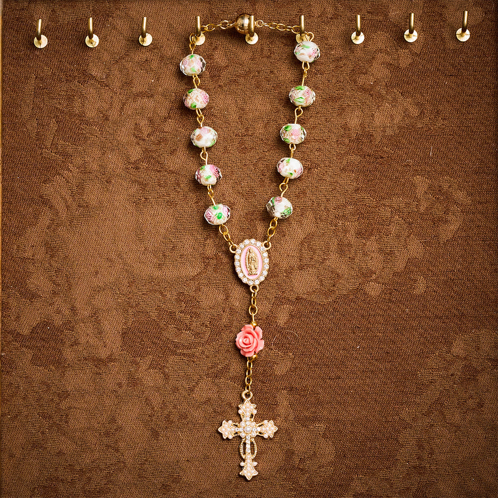 SolaceBeads Floral Lampwork Car Rosary With Rose &amp; Magnetic Clasp: Romantic Grace - image 1