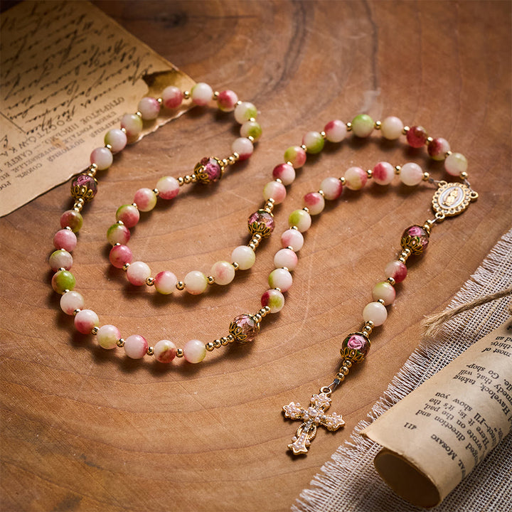 Solacebeads Watermelon Tourmaline Rosary: Gentle Garden With Miraculous Medal &amp; Pearl Cross - image 8