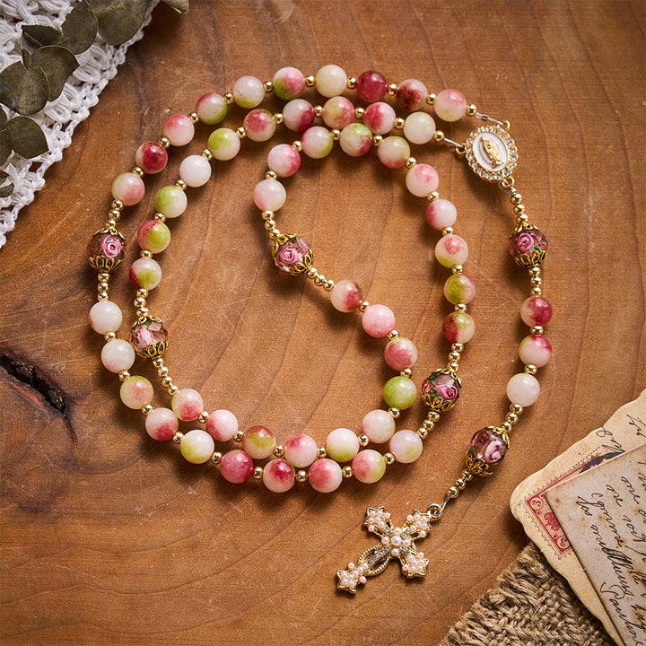 Solacebeads Watermelon Tourmaline Rosary: Gentle Garden With Miraculous Medal &amp; Pearl Cross - Watermelon Tourmaline Stone - image 0