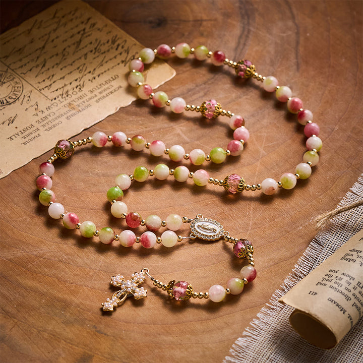 Solacebeads Watermelon Tourmaline Rosary: Gentle Garden With Miraculous Medal &amp; Pearl Cross - image 9