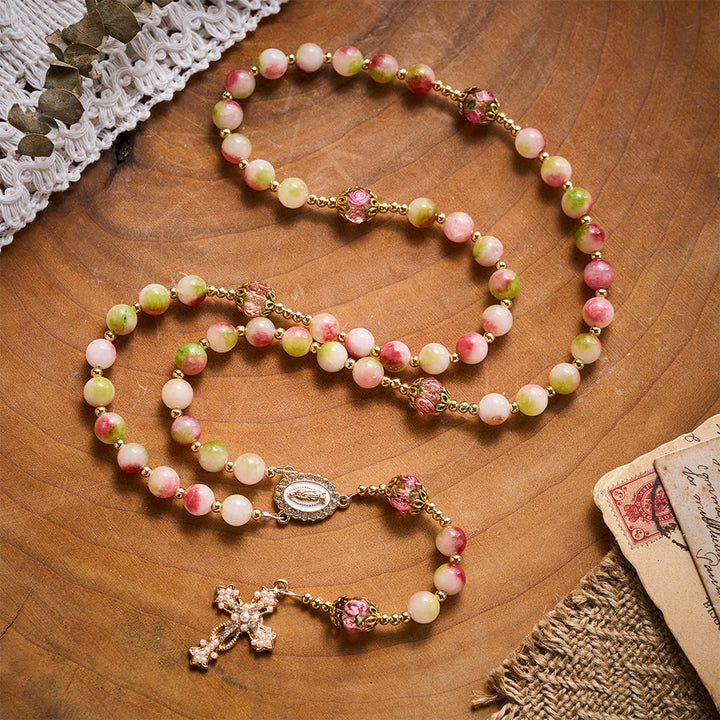 Solacebeads Watermelon Tourmaline Rosary: Gentle Garden With Miraculous Medal &amp; Pearl Cross - image 7