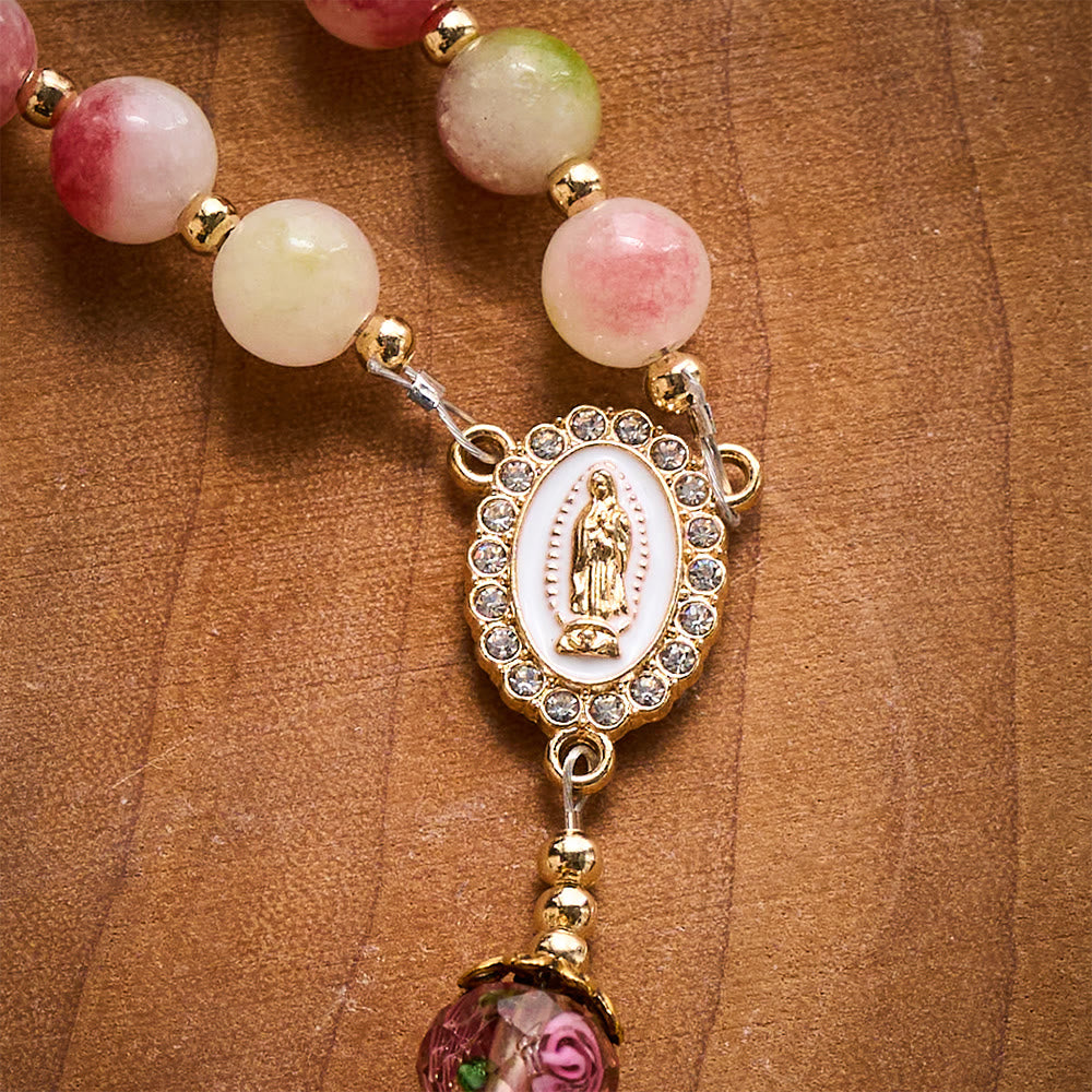 Solacebeads Watermelon Tourmaline Rosary: Gentle Garden With Miraculous Medal &amp; Pearl Cross - image 2