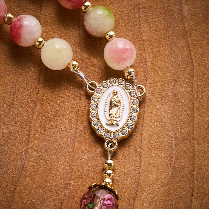 Solacebeads Watermelon Tourmaline Rosary: Gentle Garden With Miraculous Medal &amp; Pearl Cross - image 2
