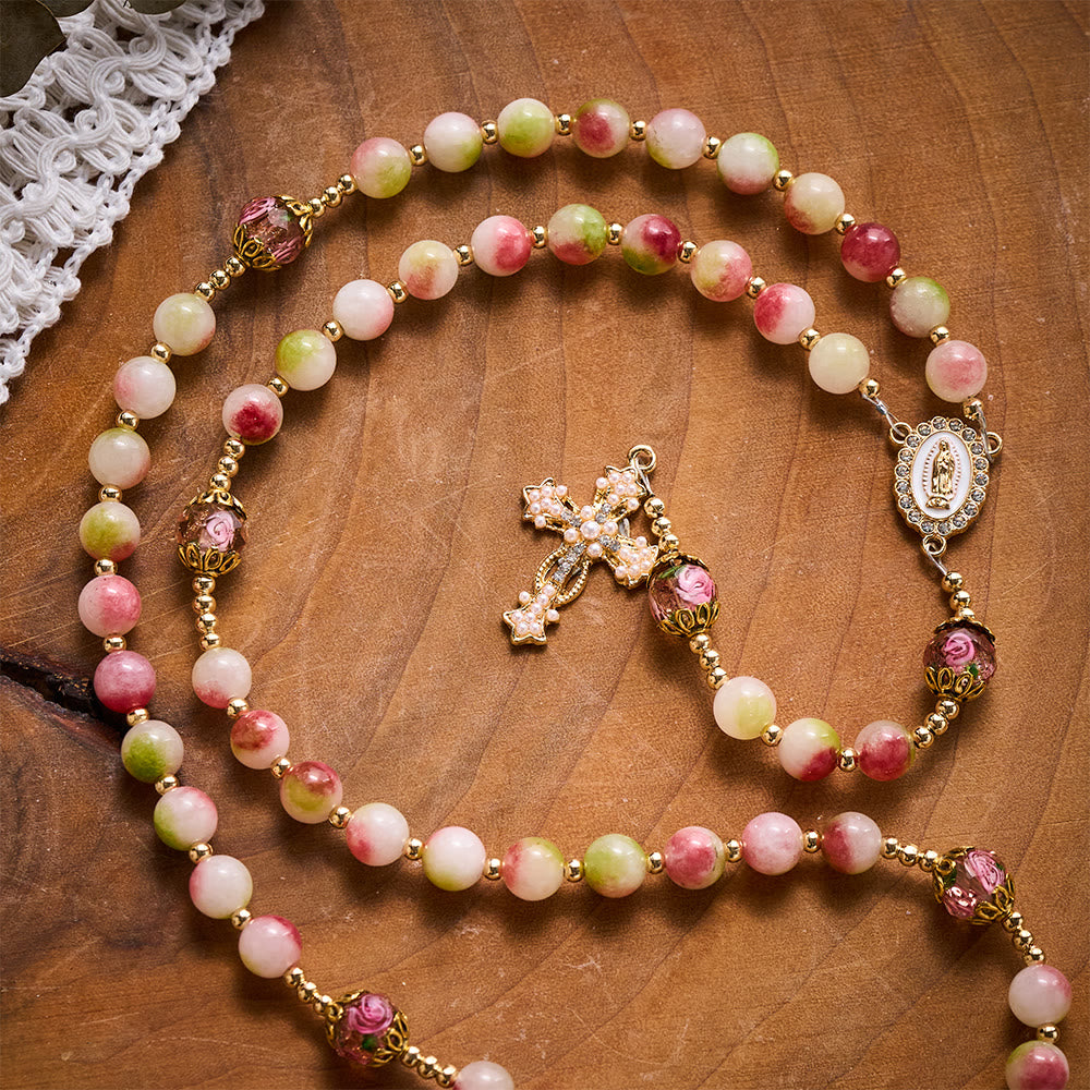 Solacebeads Watermelon Tourmaline Rosary: Gentle Garden With Miraculous Medal &amp; Pearl Cross - image 5