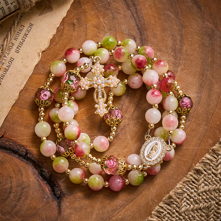 Solacebeads Watermelon Tourmaline Rosary: Gentle Garden With Miraculous Medal &amp; Pearl Cross - image 4