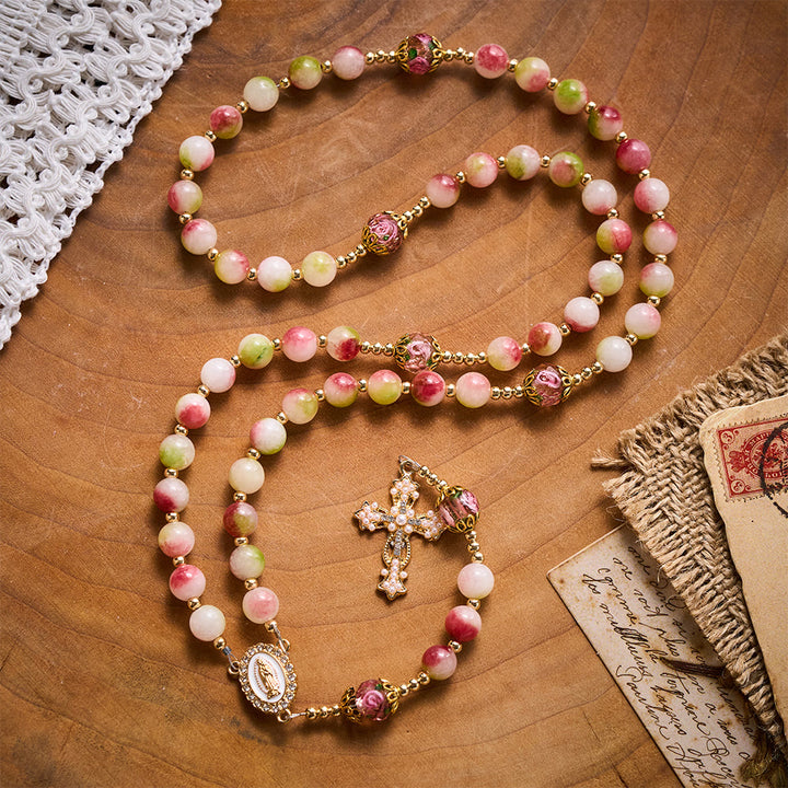 Solacebeads Watermelon Tourmaline Rosary: Gentle Garden With Miraculous Medal &amp; Pearl Cross - image 6