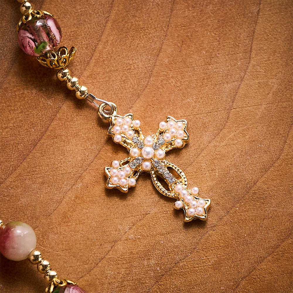 Solacebeads Watermelon Tourmaline Rosary: Gentle Garden With Miraculous Medal &amp; Pearl Cross - image 3