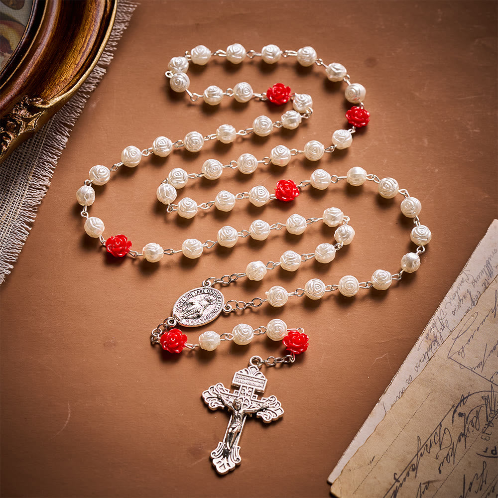 SolaceBeads Rose Artistic Rosary With Red Rose Accents & Miraculous Medal: Floral Romance - White & Red Roses - image 0