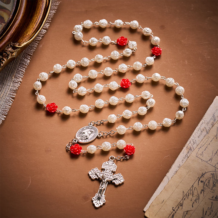 SolaceBeads Rose Artistic Rosary With Red Rose Accents &amp; Miraculous Medal: Floral Romance - White &amp; Red Roses - image 0