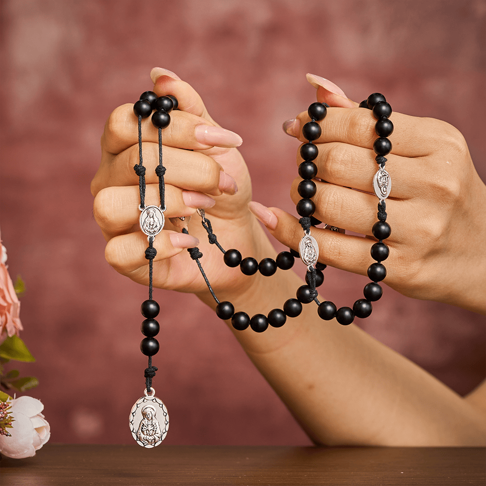 SolaceBeads Shadow of Seven Sorrows Grace Rosary Chaplet: Black Onyx with Marian Devotion Emblems - image 1