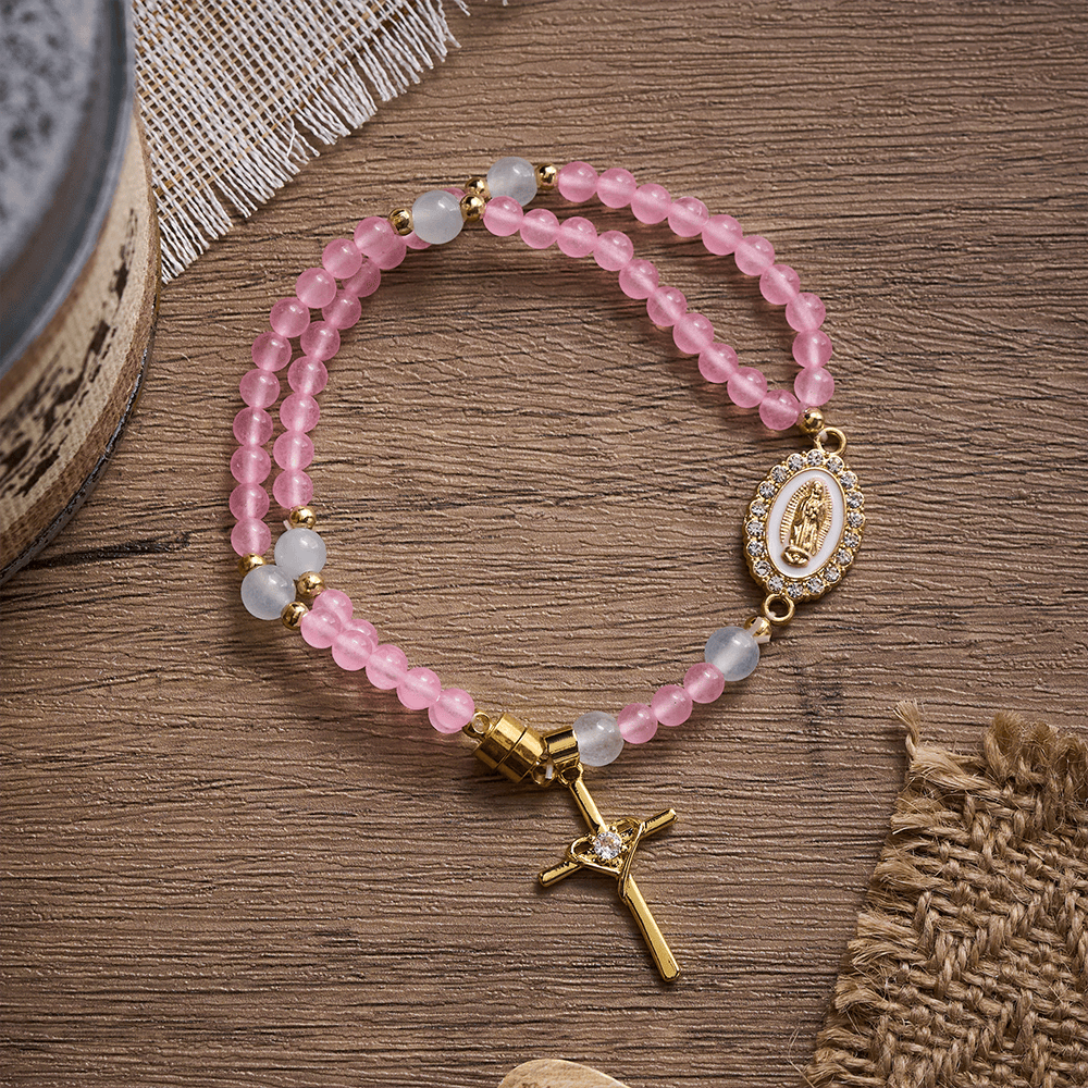 SolaceBeads Tender Heart Rosary Bracelet: Pink &amp; Ice Chalcedony with Miraculous Medal &amp; Cross - image 6