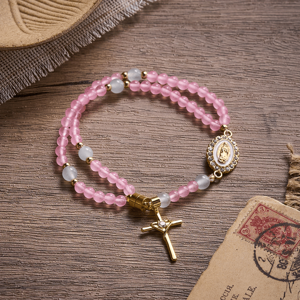 SolaceBeads Tender Heart Rosary Bracelet: Pink & Ice Chalcedony with Miraculous Medal & Cross - Pink & White - image 0