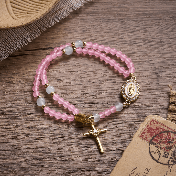 SolaceBeads Tender Heart Rosary Bracelet: Pink &amp; Ice Chalcedony with Miraculous Medal &amp; Cross - Pink &amp; White - image 0