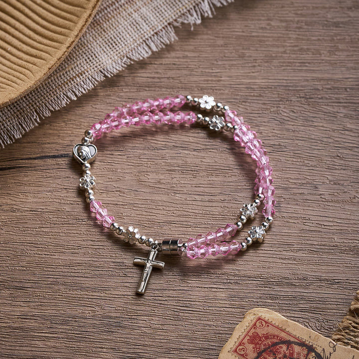 SolaceBeads Faceted Pink Crystal Bracelet: Gentle Devotion with Immaculate Heart Medal &amp; Crucifix - Pink - image 0