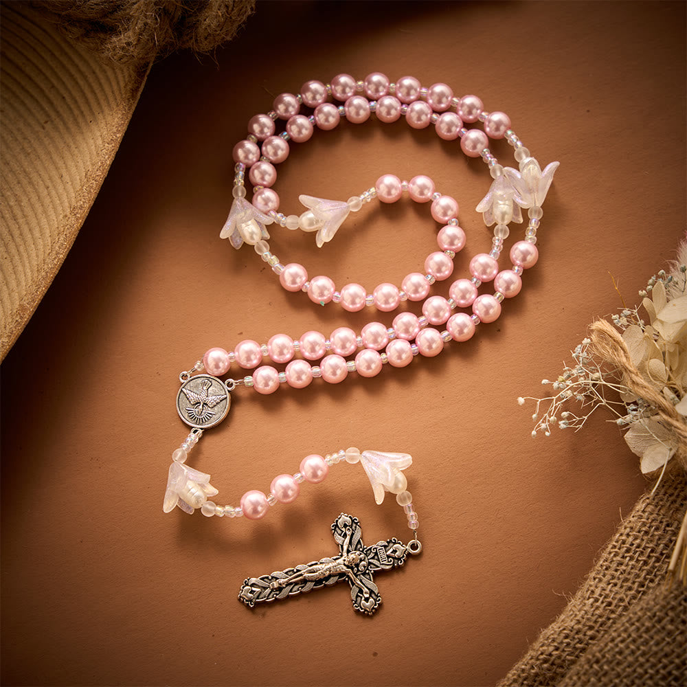 SolaceBeads The Lily &amp; Pink Pearl Artistic Rosary: Rooted in Peace - Dove Center &amp; Ornate Crucifix - image 7
