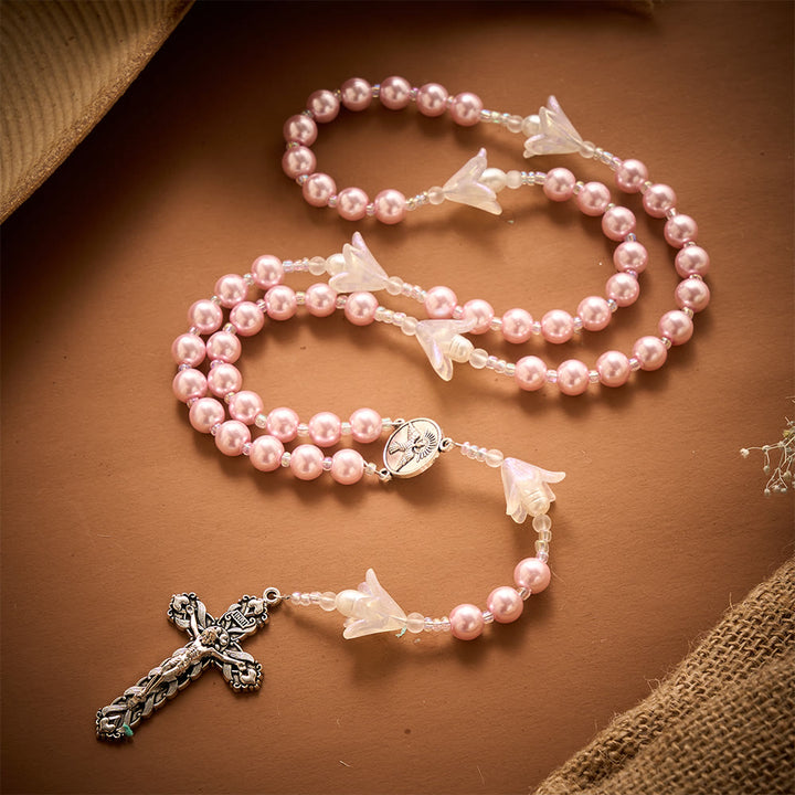 SolaceBeads The Lily &amp; Pink Pearl Artistic Rosary: Rooted in Peace - Dove Center &amp; Ornate Crucifix - image 9