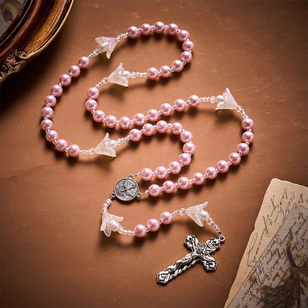 SolaceBeads The Lily & Pink Pearl Artistic Rosary: Rooted in Peace - Dove Center & Ornate Crucifix - Pink - image 0