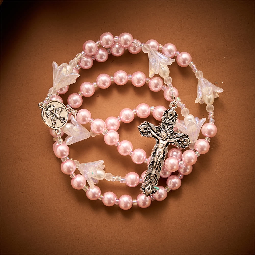 SolaceBeads The Lily &amp; Pink Pearl Artistic Rosary: Rooted in Peace - Dove Center &amp; Ornate Crucifix - image 6