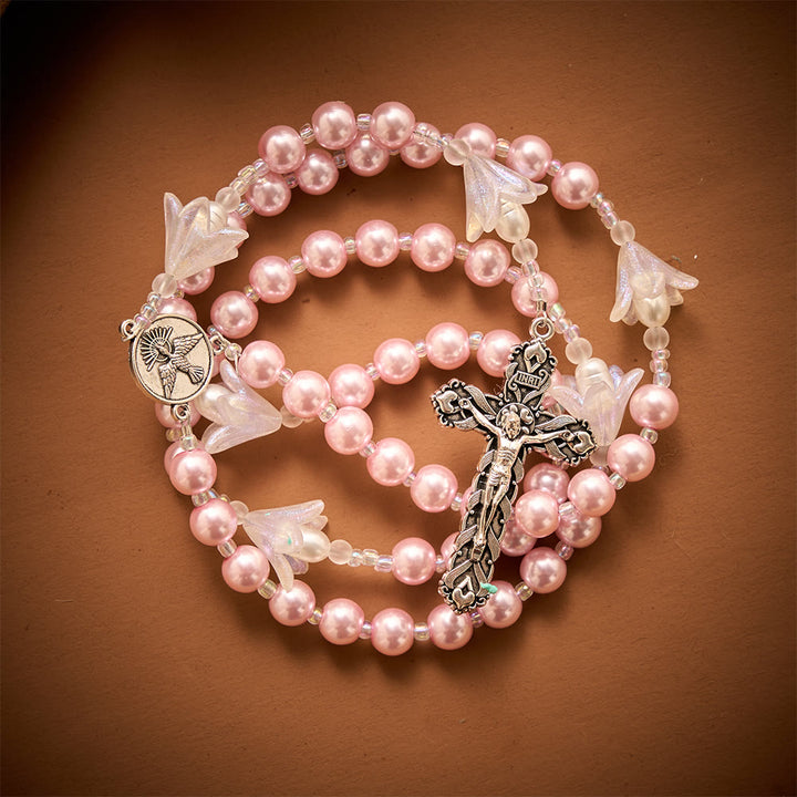 SolaceBeads The Lily &amp; Pink Pearl Artistic Rosary: Rooted in Peace - Dove Center &amp; Ornate Crucifix - image 6
