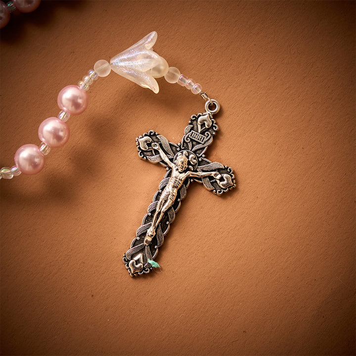 SolaceBeads The Lily &amp; Pink Pearl Artistic Rosary: Rooted in Peace - Dove Center &amp; Ornate Crucifix - image 4