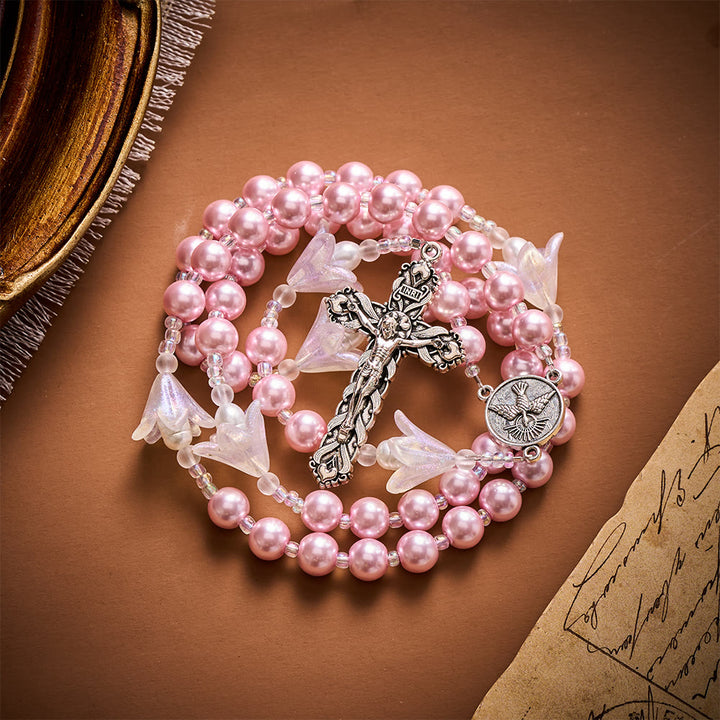 SolaceBeads The Lily &amp; Pink Pearl Artistic Rosary: Rooted in Peace - Dove Center &amp; Ornate Crucifix - image 5