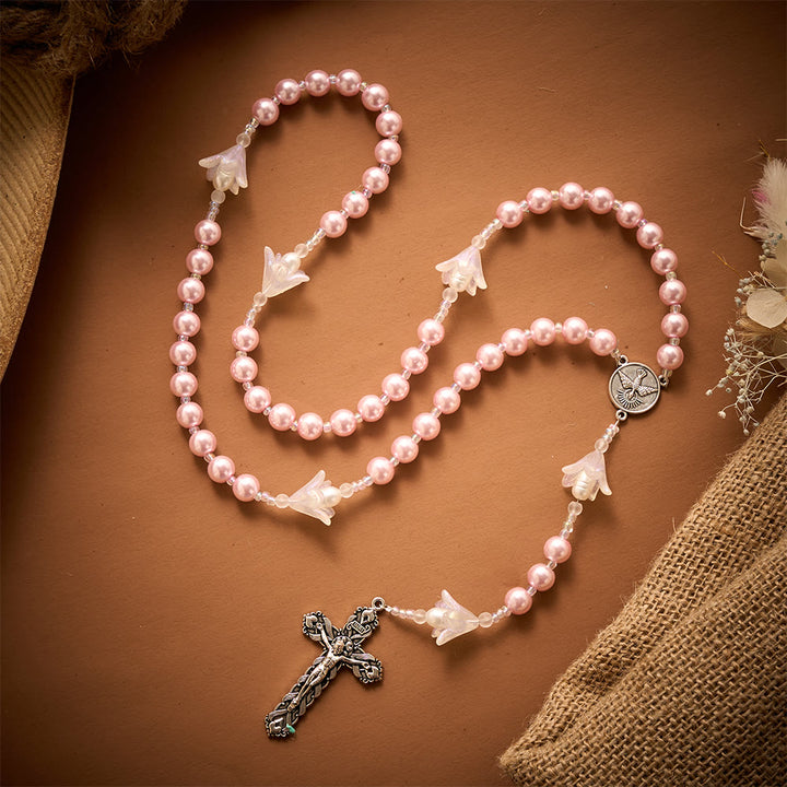 SolaceBeads The Lily &amp; Pink Pearl Artistic Rosary: Rooted in Peace - Dove Center &amp; Ornate Crucifix - image 8